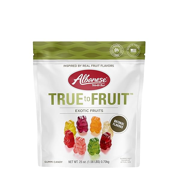 ALBANESE WORLD’S BEST TRUE TO FRUIT EXOTIC FRUITS | 25OZ BAG OF CANDY | 8 NATURAL FLAVORS AND COLORS, SOFT GUMMY BEARS | FUJI APPLE AND MORE | TASTES LIKE REAL FRUIT PICKED AT THE PEAK OF RIPENESS