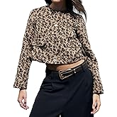 EZAPINE Womens Leopard Print Long Sleeve Crew Neck Cropped Jackets Button Down Casual Outwear Trendy Tops Coats