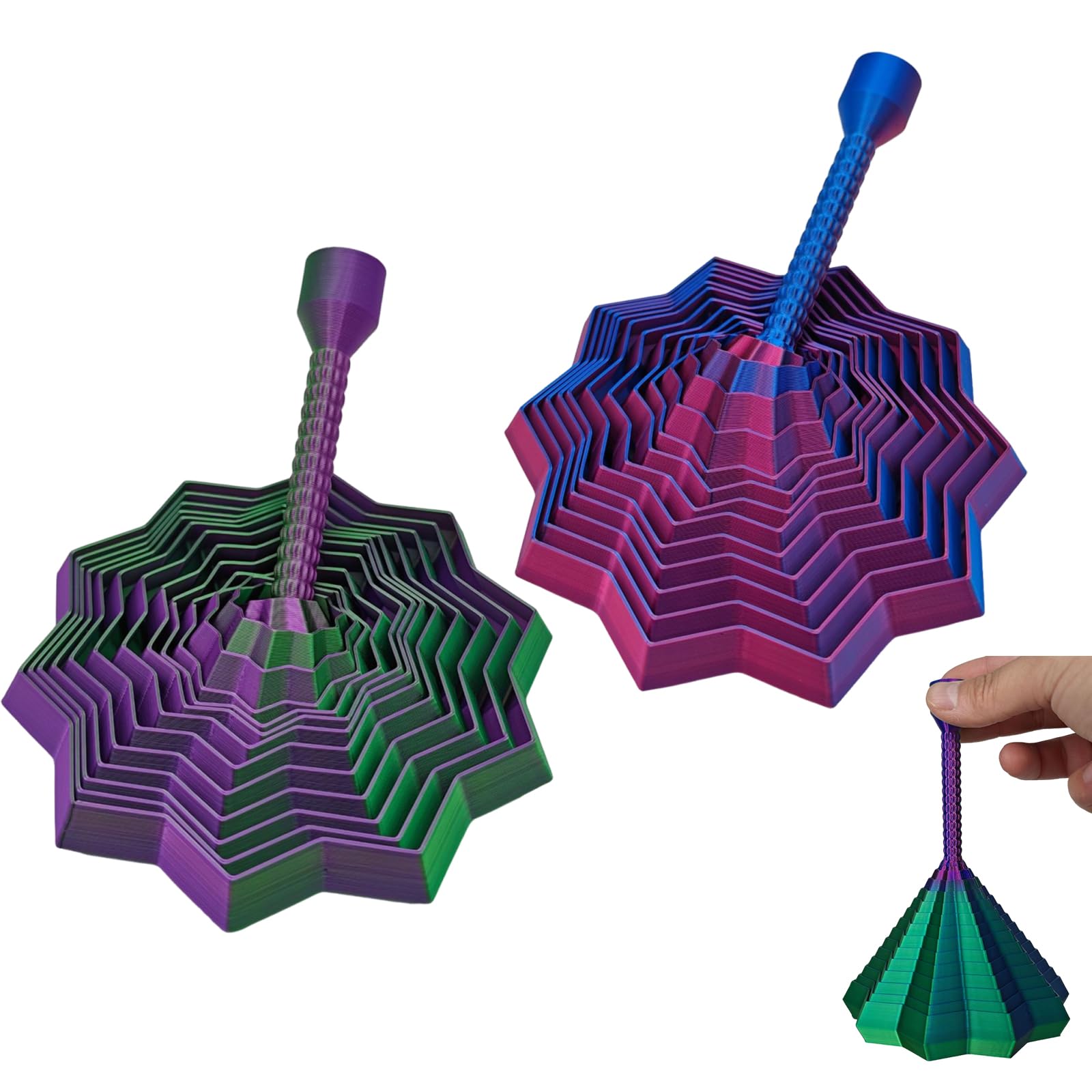 2Pcs 3D Printed Expanding Fidget Star with Rotating Handle, Color-Changing Fractal Sensory Toy for Stress Relief, Satisfying Clicking Desk Toy for Adults and Kids (Style A)