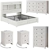 LUXOAK 5-Piece Farmhouse Bedroom Set - Full Storage Bed &amp; Dresser, White | Bookcase Headboard, with Charging Station, 6 Drawer Dresser, 5 Drawer Chest, 2 Nightstands, LED Storage Bed Frame, Distressed