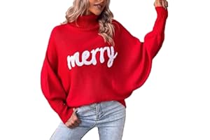 Christmas Sweaters for Women: Merry Sweater Oversized Turtleneck Sweaters 2025 Long Batwing Sleeve Xmas Pullover Tops