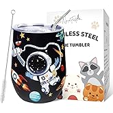 NymphFable 12oz Space Astronauts Insulated Tumbler With Lid and Straw Stainless Steel Tumbler Stemless Glass Water Cup