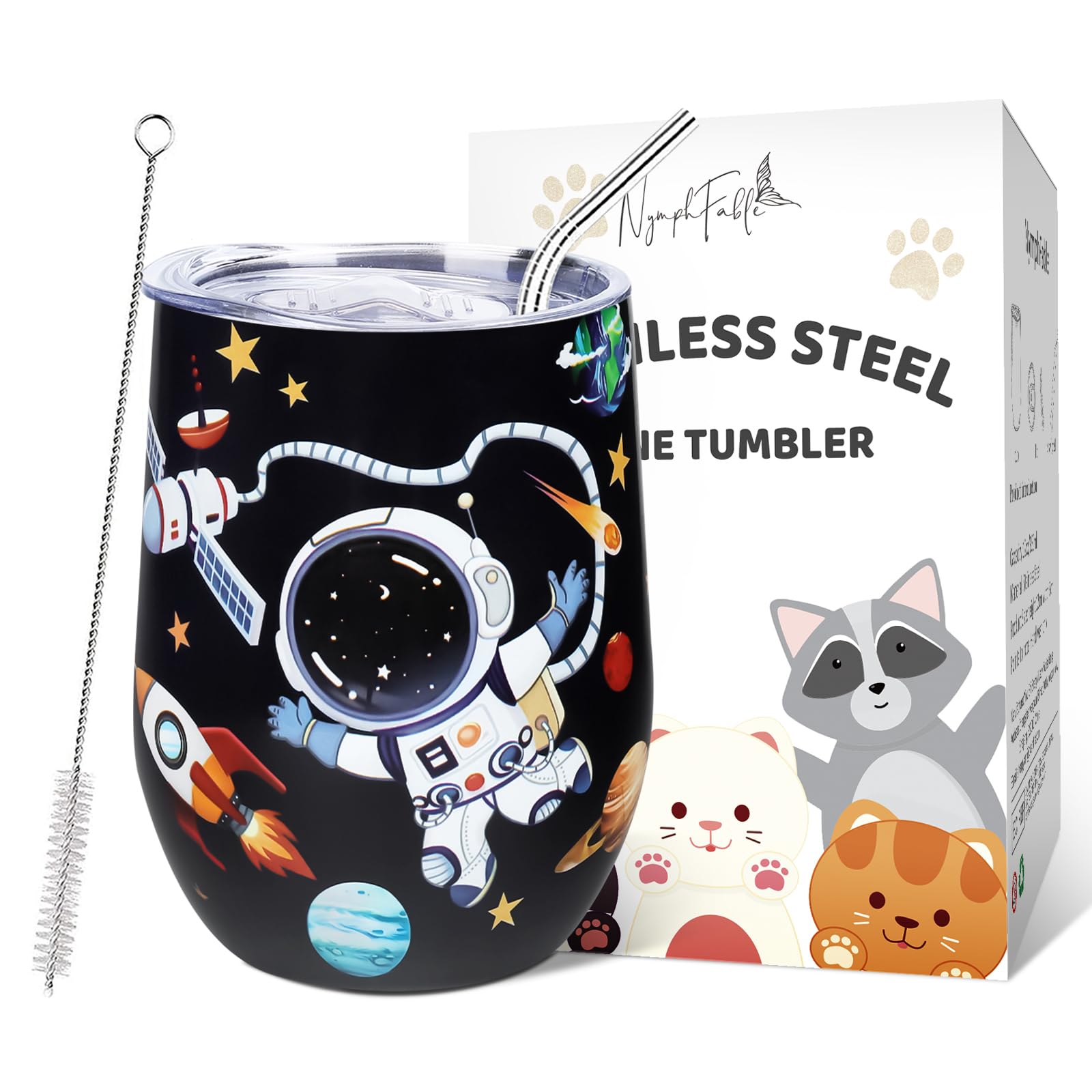 NymphFable 12oz Space Astronauts Insulated Tumbler with Lid and Straw Stainless Steel Tumbler Stemless Glass Water Cup