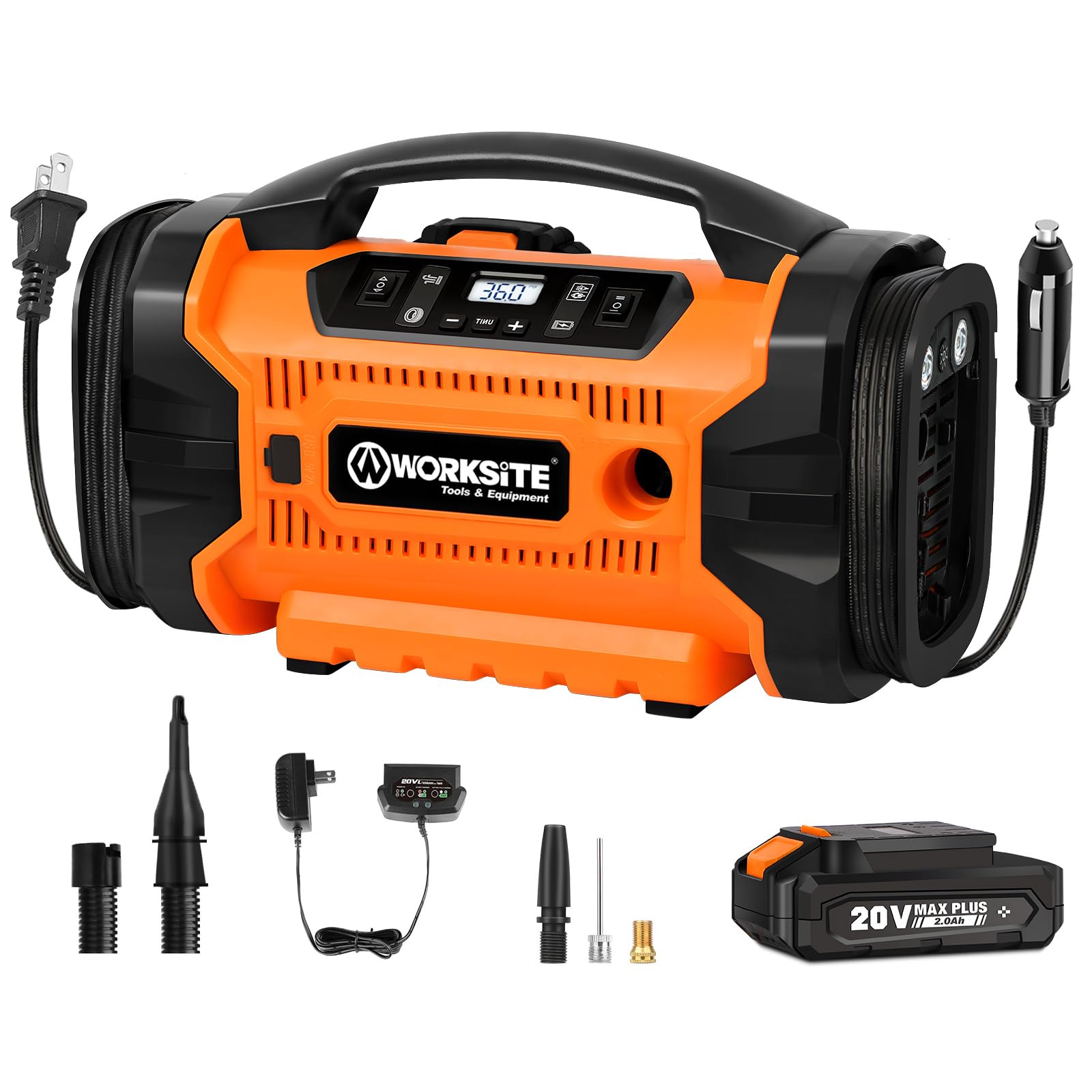 Photo 1 of WORKSITE Tire Inflator Air compressor Portable, 160 PSI Car Tire Pump with 3 Power Supply (110V AC, 12V DC & 20V Battery) for cars, bikes, balls,Orange