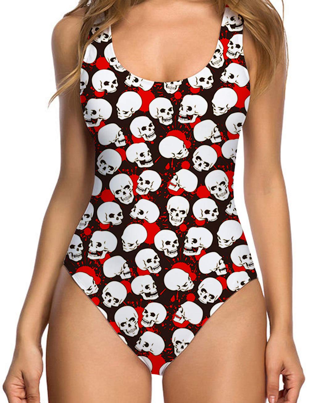 TUONROAD Retro 80s/90s One Piece Swimsuit Bodysuit for Women Ladies Halloween Print White Black Skull Red Blood Skeleton Funny 3D Printed Halter Straps U Neck Backness Padded Swimwear Jumpsuit