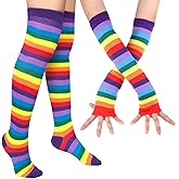 Chalier Womens Rainbow Socks Striped Knee High Socks Arm Warmer Fingerless Gloves Set