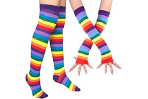 Chalier Womens Rainbow Socks Striped Knee High Socks Arm Warmer Fingerless Gloves Set