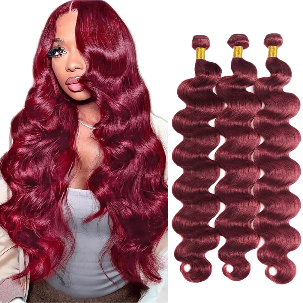 Photo 1 of 99j Burgundy Bundles Human Hair Burgundy Body Wave Bundles 14 16 18 Inch 3 Bundle Brazilian Wine Red Body Wave Human Hair Extensions 50 Gram Per Bundle