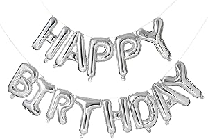 XIGOFA Silver Happy Birthday Balloons Banner 16 Inch Aluminum Foil Letters Birthday Sign Banner Bunting Reusable Balloon for Boys Girls Kids and Adults Birthday Party Decorations