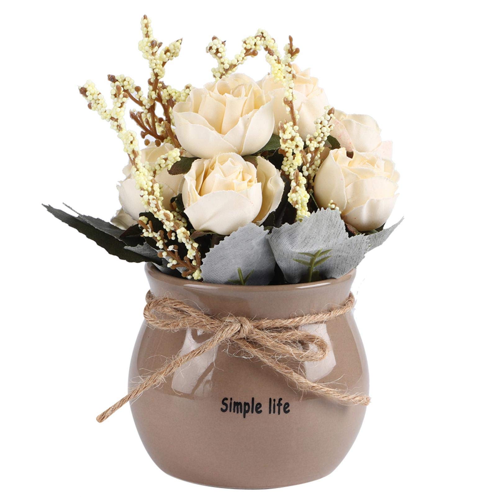 Starbun Artificial Flowers, Ceramic Vase Artificial Silk Rose Flower Potted, Home Desktop Decoration Ornament, for Office Garden Balcony Wedding Apartment Bookshelf(White)