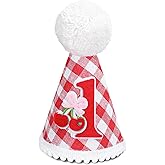 FYSUIMU Cherry 1st Birthday Hat Valentine's Day Red Plaid Bow Cherry Felt Hat First Birthday Pom Pom Crown for Baby Shower Holiday Fruit Themed Birthday Party Decoration