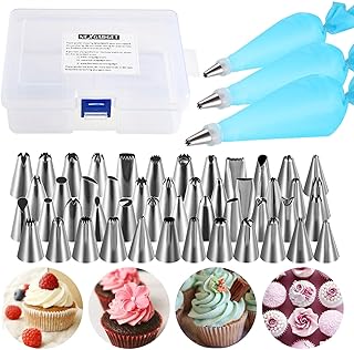 NEXGADGET 55 Teiliges Spritztüllen Set - 48 Edelstahldüsen + 3* Silikon-Spritzbeutel + 3* Koppler, BackzubehörTorten Dekoration Set für Cupcakes