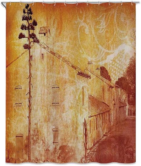 Amazon 焦げたオレンジ シャワーカーテン 180 X 0cm 古いフランスの家の通りのレトロなイラスト地中海環境プリント バスルーム カーテン 防カビ 防水 洗面所 目隠し用 おしゃれ タン シャワーカーテン ホーム キッチン オンライン通販