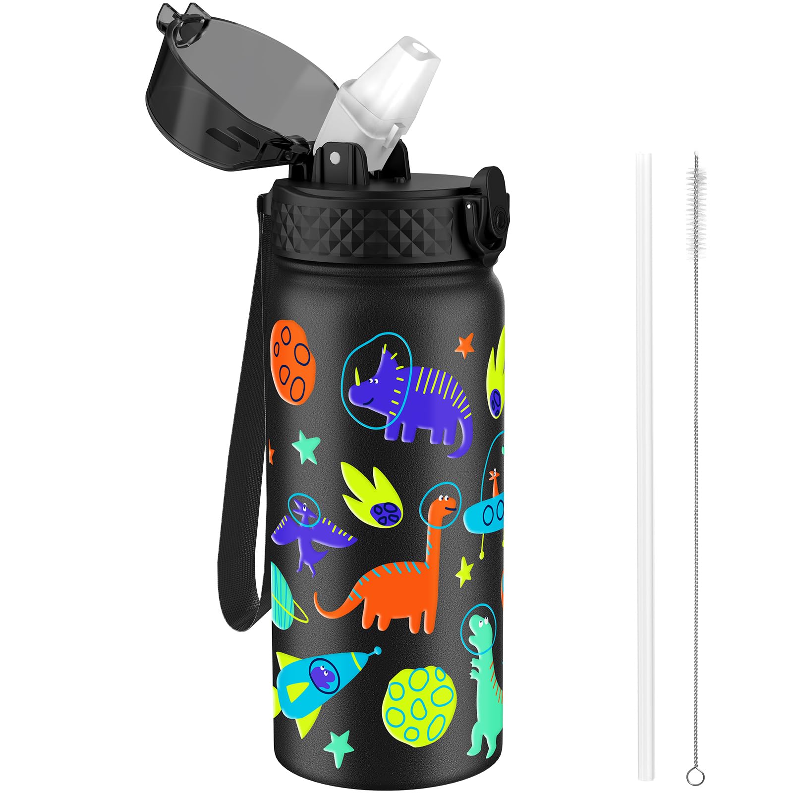 GOPPUS 550ml/18oz Kids Insulated Water Bottle with Straw Cute Double Wall Stainless Steel Child's Small Flask Vacuum Insulated Steel Metal Leak Proof Drink Flask Boys Toddler Girls Bottles BPA-Free