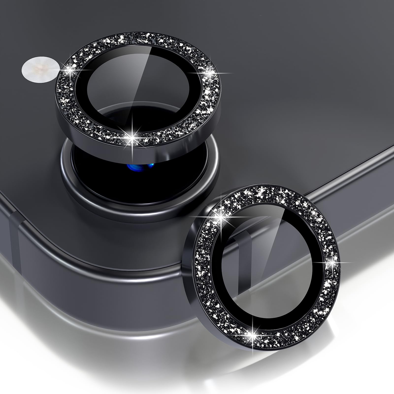 Photo 1 of Choiche Compatible for iPhone 16e Camera Lens Protector Bling, 9H Tempered Glass Camera Cover Screen Protector Metal Ring Decoration Accessories(Glitter-Black)