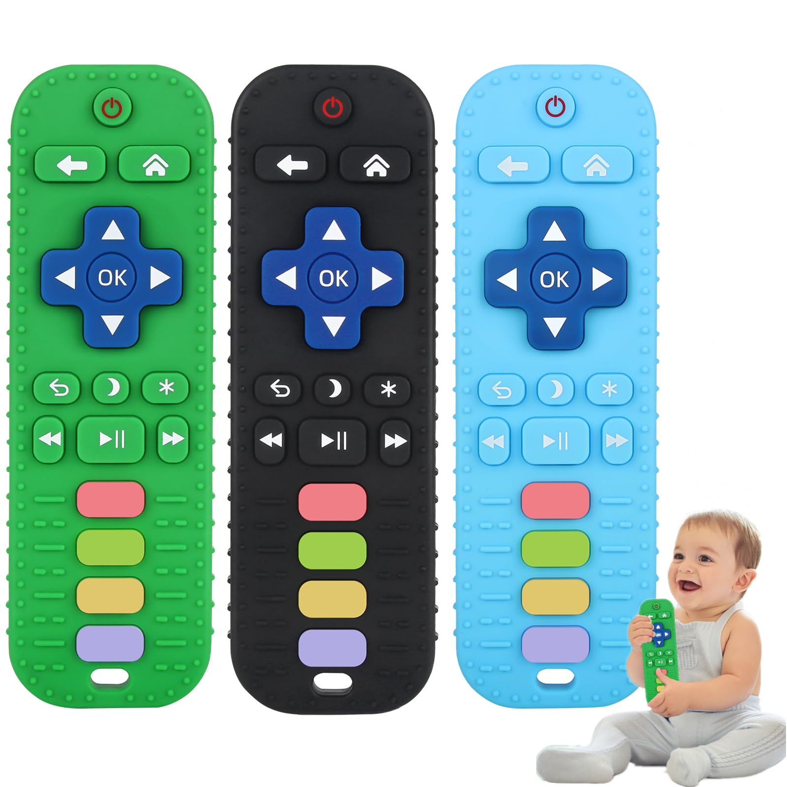 Photo 1 of Fu Store 3 Pack Baby Teether Toy Chew Toy for Babies 0-12 Months 6-36 Months TV Remote Control Shape Teething Relief Baby Toys for Infants Developmental Soothe Babies Gums Gifts Set, Black Blue Green