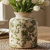 SincereLuxe Vintage Green Crackle Glaze Ceramic Flower Vase, 6” Small Rustic Pottery-Style Decorative Vase with Distressed Beige Rim, Farmhouse Cottage Tabletop & Mantel Home Decor