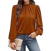 WIHOLL Long Sleeve Shirts for Women Mock Neck Tops Pleated Front Blouses Dressy Casual Spring Fall Clothes 2026 Fashion