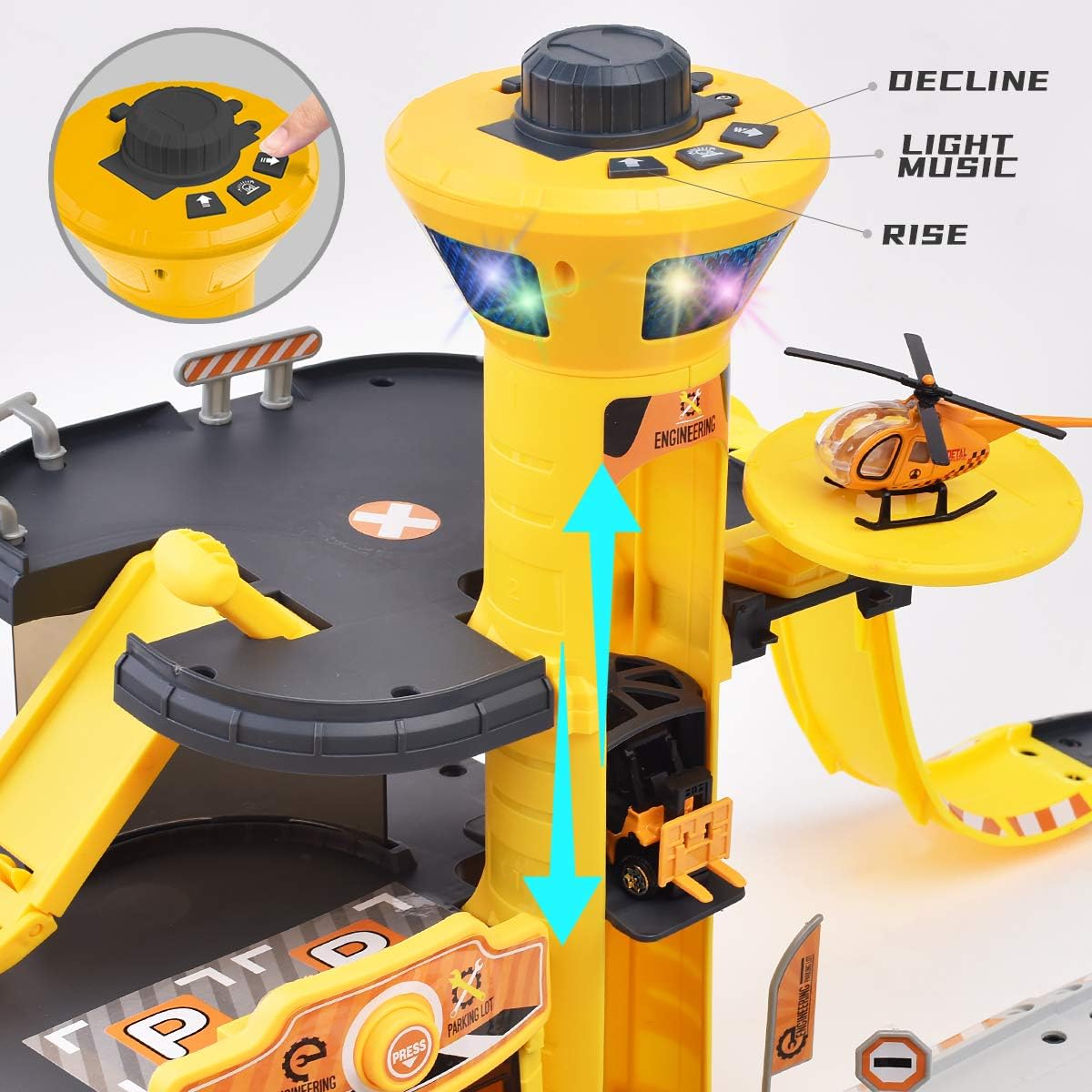 NEWRICE 3-Floors City Engineering Station Parking Lot Toy Set, with Lights & Sounds,1Helicopter+6pcs Metal Die-Toy cast Cars,Track,Garage,Electric Lift.for 3-6 Year Boys & Girls/Kids: Toys & Games