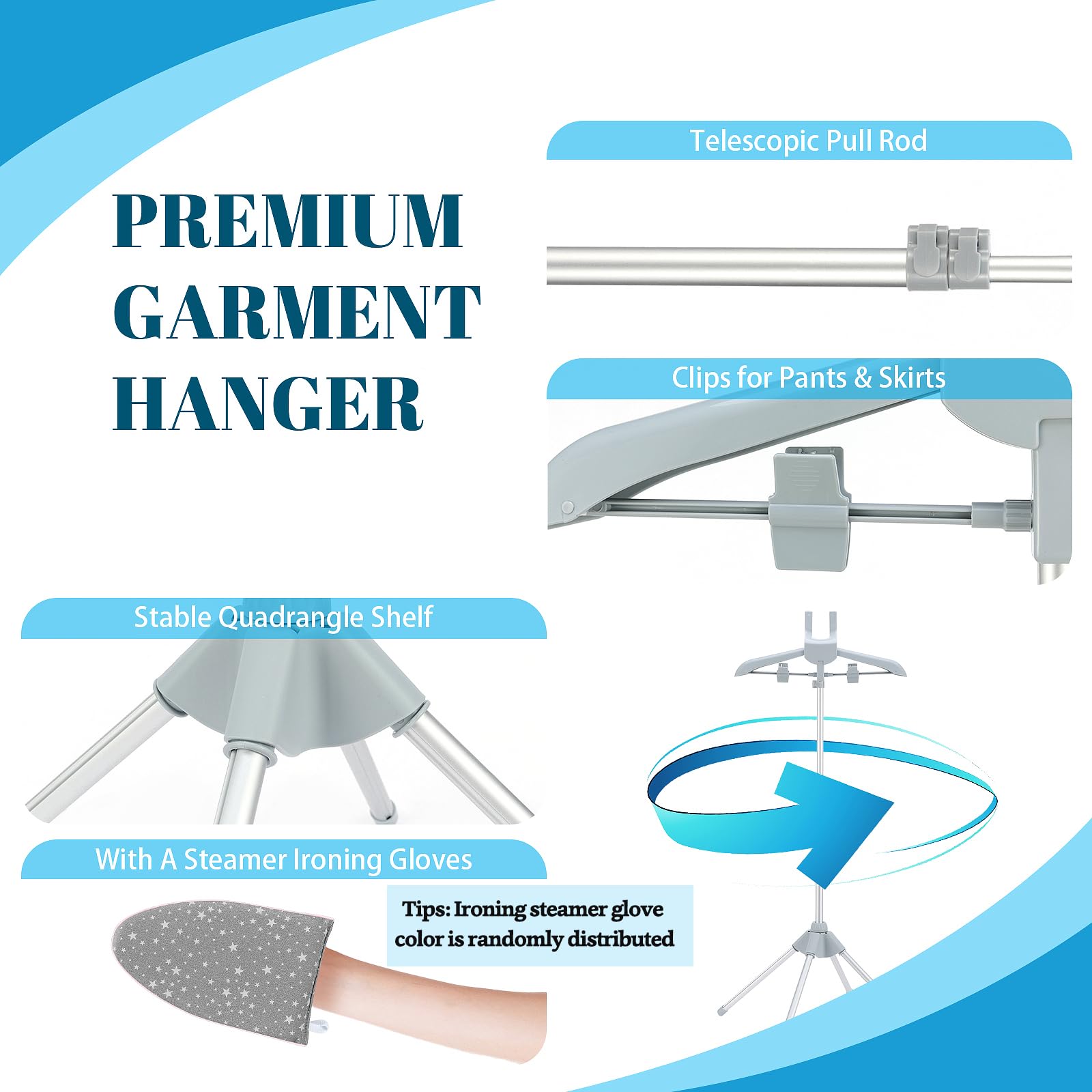 CINPIUK Garment Steamer Rack & Garment Ironing Glove for Steaming Clothes, Adjustable StandingGarment Hanger Handled Mini Ironing Board, Hanging Steamer Ironing Accessories for Clothes, Grey