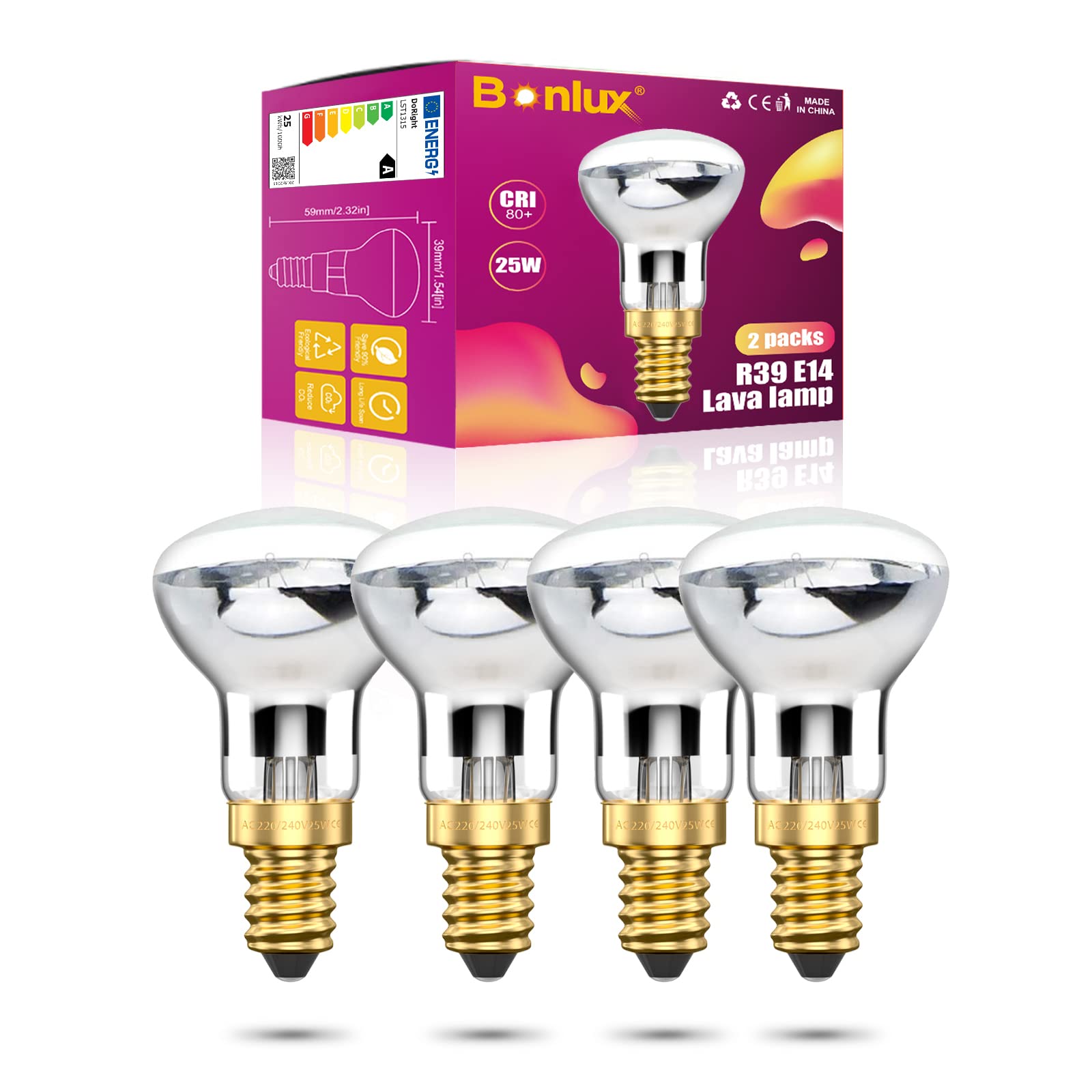 Bonlux R39 E14 Reflector Bulbs Spot Lights Lava Lamp 25W Super Bright Small Edison Screw Base SES Energy Saving Light Bulbs Warm White 2400-2600K 360 Degree Wide Beam Angle 240V Dimmable (4-Pack)