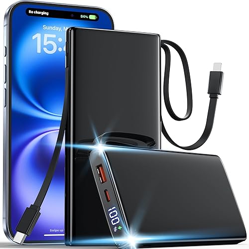 Portable Charger 10000mAh - 30W 27W Fast Charging Power Bank With Built in Cables, USB C In Out Portable Battery Pack, LED Display Charging Bank External Phone Powerbank for iPhone, Samsung, Black