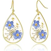 Forget Me Not and Queen Anne's Lace Pressed Wildflower Earrings, Dainty Sterling Silver Drop Dangle Earrings for Women