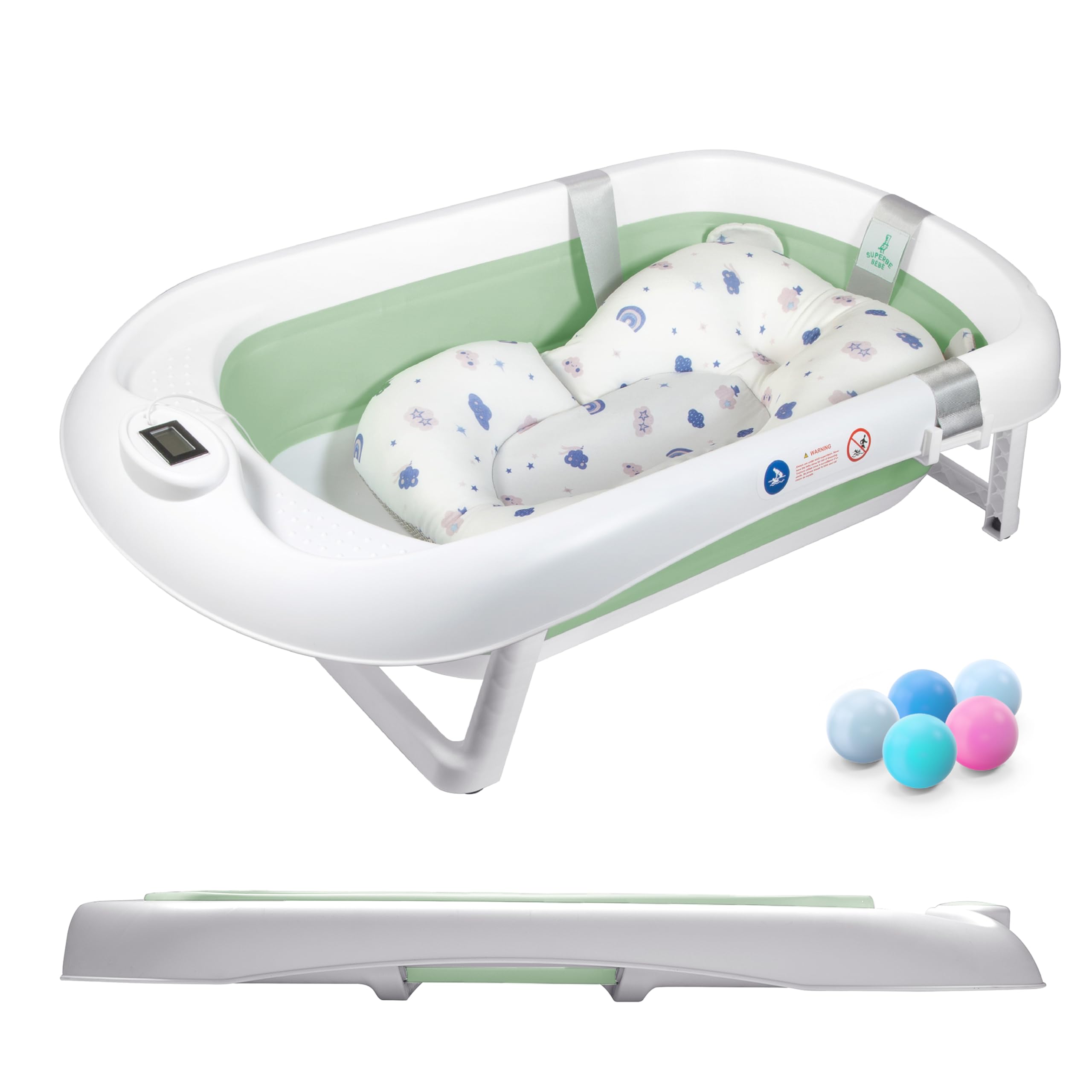 Superbe Bebe Baignoire Bébé Pliable Xxl Avec Coussin De Bain Bebe Et Thermomètre Intégré - Baignoire Enfant Avec Siege De Bain Pour Bebe - Baignoire Bebe Sur Pied - Idéal Pour Cadeau De Naissance Fille Ou Garçon