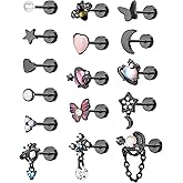 YADOCA 16Pcs Dangle Cartilage Earrings for Women Men Stainless Steel Tragus Stud Earrings 16G and 20G Butterfly Heart CZ Opal Flat Back Earrings Cartilage Tragus Conch Helix Daith Piercing Jewelry