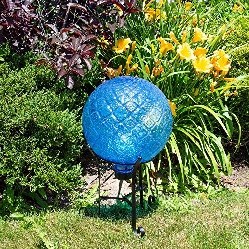 Truu Design, Embossed Gazing Ball with Metal Stand, 10 x 12 inches, Blue