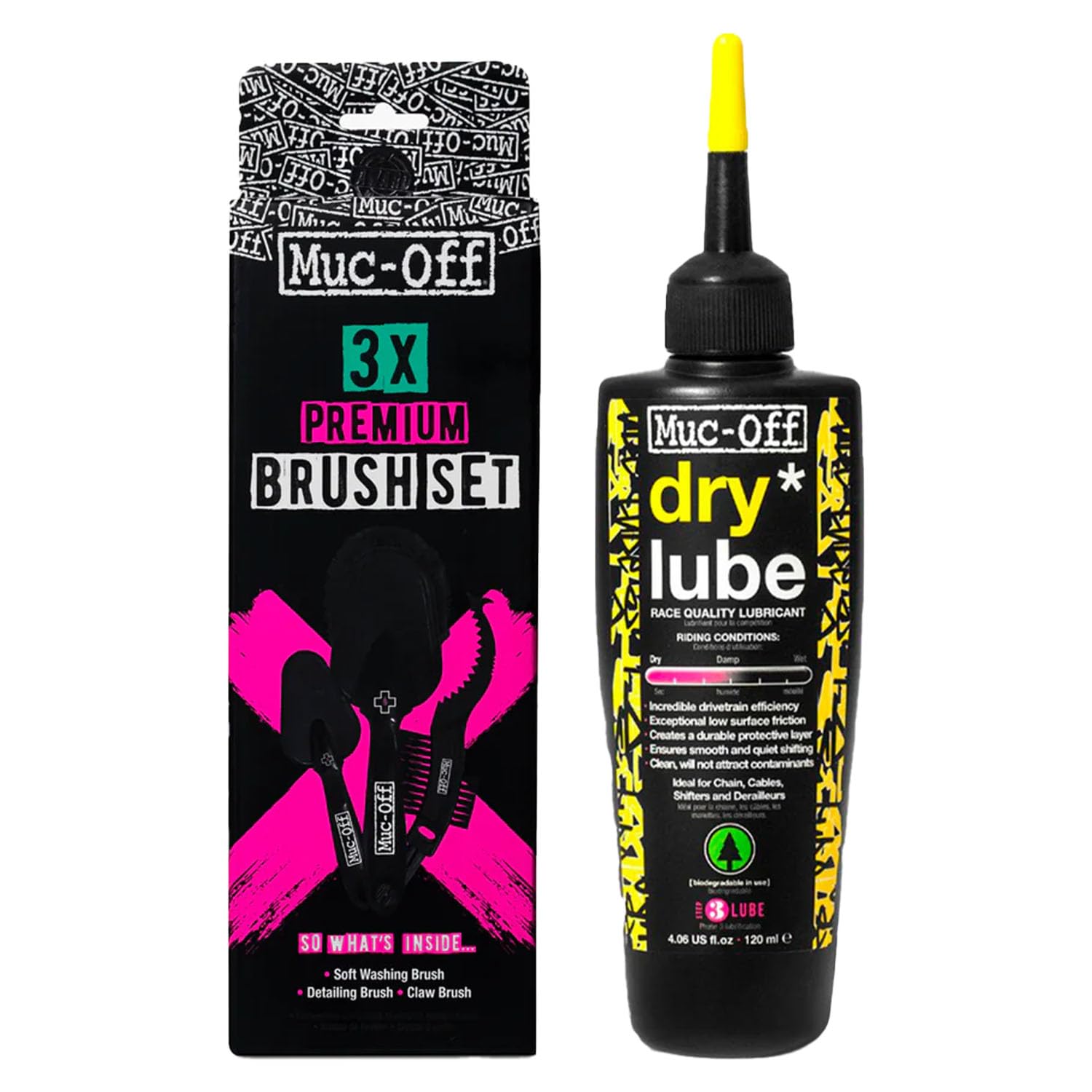 Muc-Off Dry Lube 120ml + 3 Brush Set | High-Performance Dry Bike Chain Lube | Long-Lasting Lubrication for Dry Conditions| Includes Bike Brush Kit for Maintenance Image