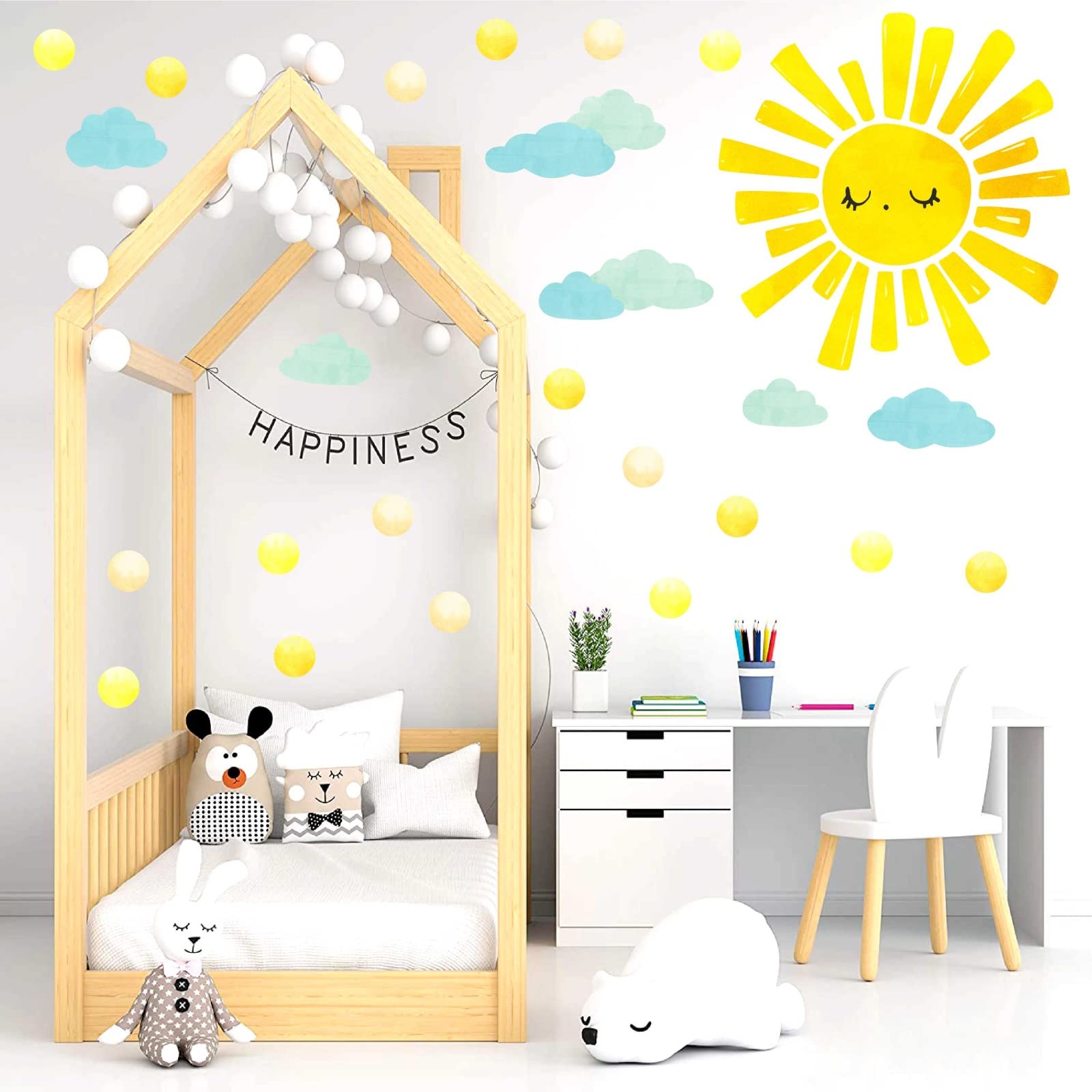 Large Sunshine Wall Stickers Watercolor Sun Cloud Wall Decals Boho Sunlight Wall Stickers Yellow Sun Polka Dot Wall Decals Peel and Stick Big Sunshine Stickers for Nursery Bedroom Kids Room Decor