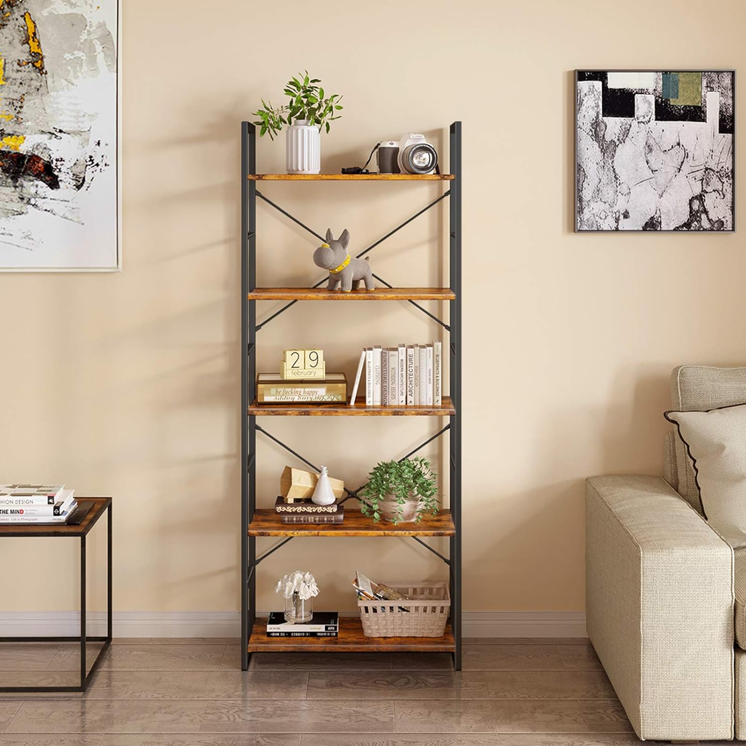 ODK Bookshelf, 5 Tier Tall Bookcase Shelf, Free Standing Units, Modern Book Shelf for Bedroom, Living Room and Home Office, Rustic Brown: Kitchen & Dining