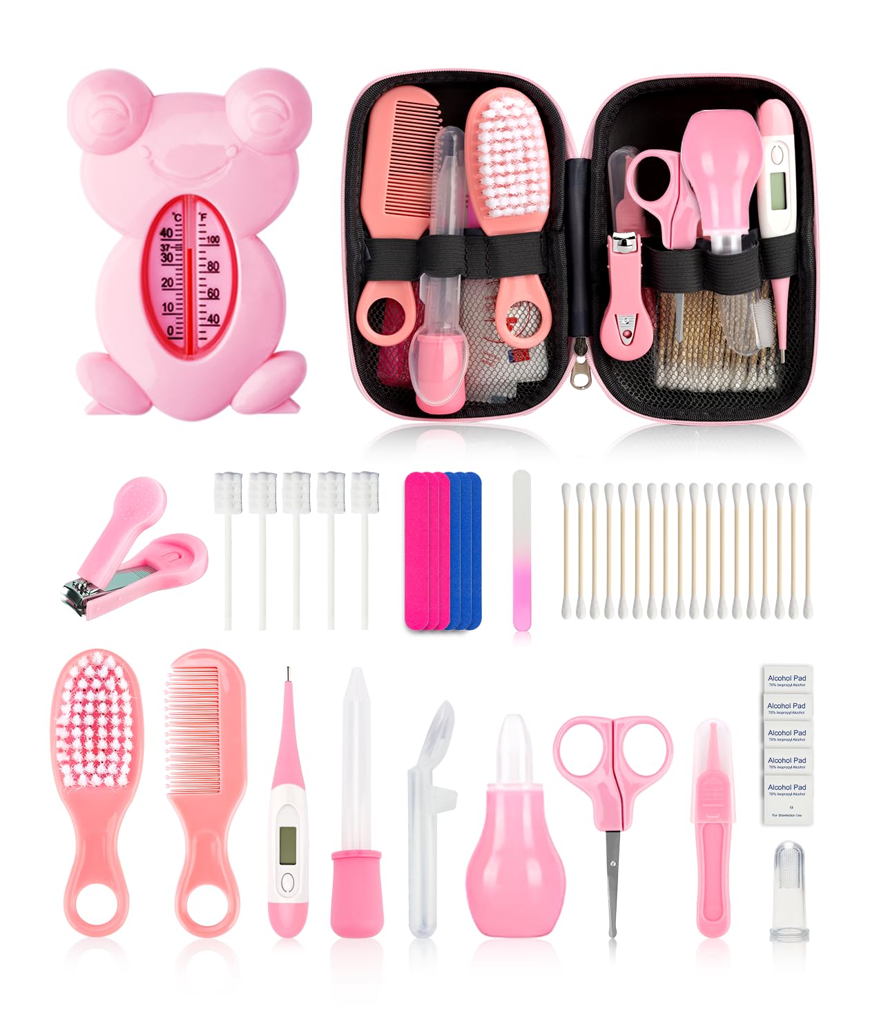 Baby Grooming and Healthcare Kit, Portable Baby Safety Care Set with Hair Brush Comb Nail Clipper Nasal Aspirator for Nursery Newborn Infant Girl Boy (25 in 1 Pink)