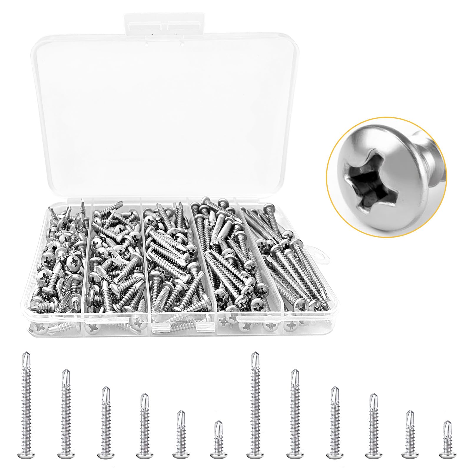 200 Pcs M2/M3/M4/M5/M6Phillips Cross Drive Self-Tapping Screws Kit, 6 Kinds of Size 304 Stainless Steel Self Tapping Countersunk Screw Assortment Set for Wood Furniture Appliances or DIY