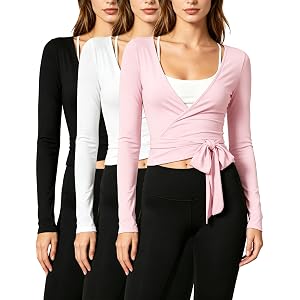 Ephemia 3 Pack Women Tie Wrap Top Long Sleeve Ballet Pilates Workout Shirt | Women's Yoga Y2K Workout Tops Front Deep V-Neck