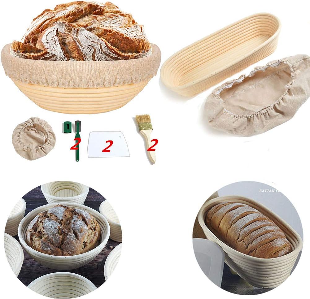 9 Inch Round & 13.7 Inch Oval Set of 2 Bread Proofing Basket Sourdough Natural Rattan Proofing Baskets with Cloth Liner, Scraper, Bread Lame, Bristle Brush