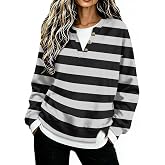 Striped Oversized Sweatshirts for Women V-neck Layered Fall Outfits 2026 | Henley,button,color Block,split Hem Long Tshirt Ribbed Cuff,y2k,pullover Tops Loose Fall Office Outfit for Women 2026