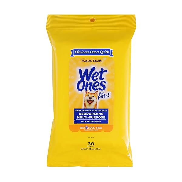 WET ONES FOR PETS DEODORIZING MULTI-PURPOSE DOG WIPES WITH BAKING SODA DOG DEODORIZING WIPES FOR ALL DOGS IN TROPICAL SPLASH SCENT,WET ONES WIPES WITH WET LOCK SEAL POUCH DOG WIPES(PACK OF 1,30 COUNT)