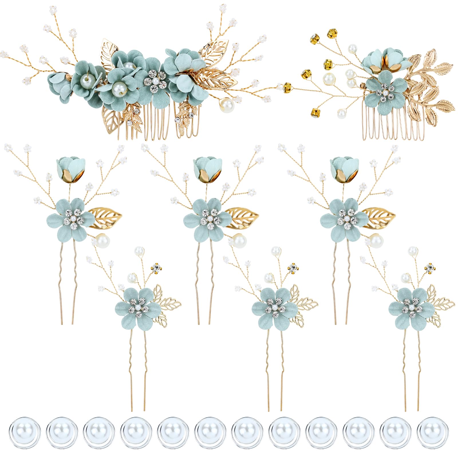 inSowni 20 Pieces Rhinestone Pearl Bridal Wedding Party Prom Light Green Flower Hair Side Combs Slides +U-shaped Floral Hair Pins+Twist Spiral Pearl Hairpins for Brides Bridesmaids Girls Women