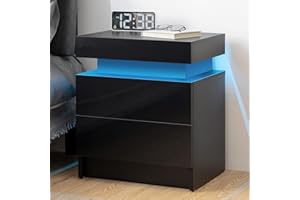 HOMMPA LED Nightstand Black Nightstand with Led Lights Modern Night Stand with 2 High Gloss Drawers Led Bedside Table Smart Nightstand for Bedroom 20.5” Tall