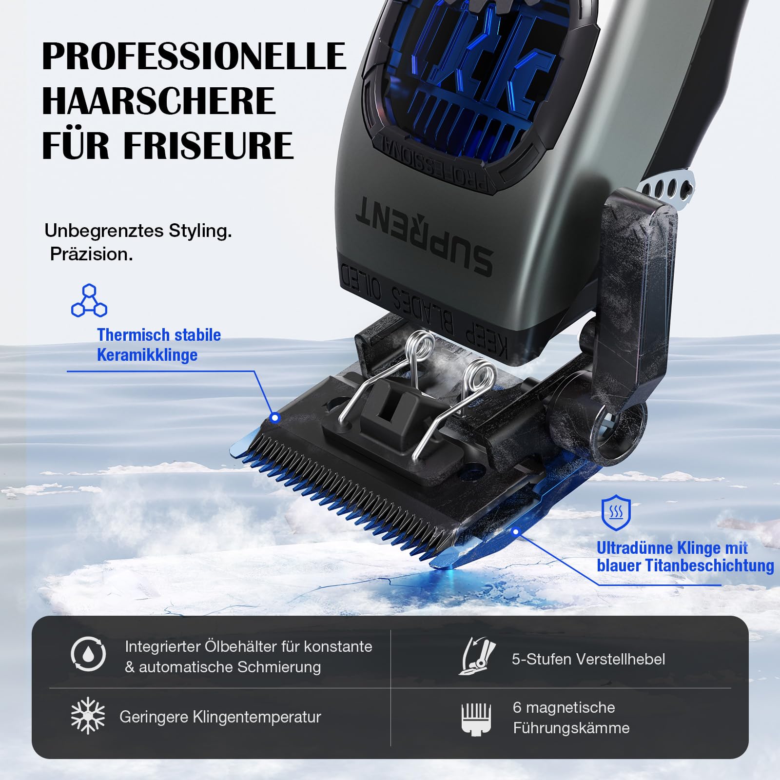 SUPRENT Haarschneidemaschine Herren Profi – Titanbeschichtete Fade-Klinge, Einstellbares Zero-Gap T-Blade, 5 Längenstufen, Magnetische Führungskämme, 2500mAh Akku & Typ-C Ladestation 3