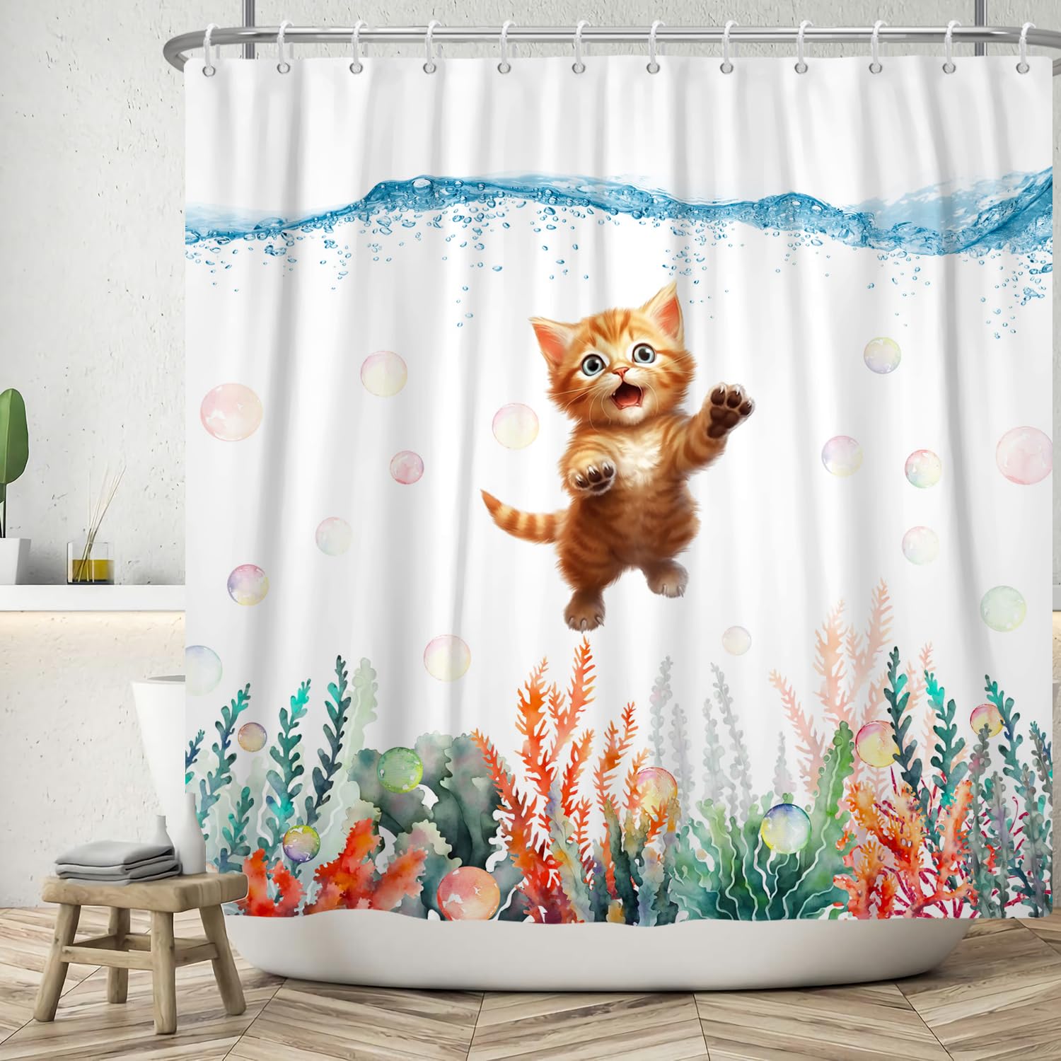 ASDCXZ Shower Curtain Cat 180 x 180 cm, Funny Cute Cat Summer Watercolour Colourful Ocean Coral Bubbles Washable Bathroom Shower Curtains Polyester Textile Waterproof Shower Curtain for Bath with 12 — image 1