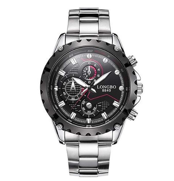 Longbo Silver Stainless Steel Decorative Subdials Black Dial Scratch Resistant Waterproof Watch for Men and Boys