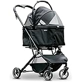 Pawccoli 4 Wheels Pet Stroller, Dog Stroller for Small/Medium Dogs and Cats up to 33 lbs, One-Click Fold & Draggable, Removable Carrier, Zipperless Entry, Mesh Windows, Black