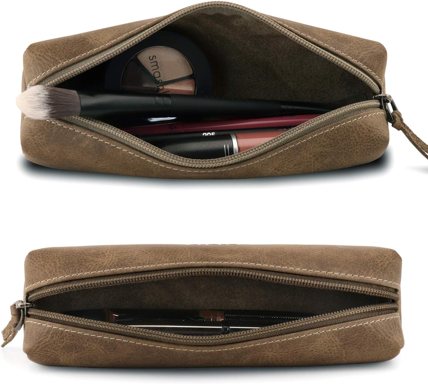 LONDO Genuine Leather Zipper Pen, Pencil & Cosmetic Case - Pouch Stationery Bag, Mink - Image 4