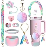 Mity rain 9PCS Cup Accessories for Stanley Cup 30oz 40oz 20oz tumbler with handle - Includes Colorful Water Bottle Handle Strap,Straw Topper,Spill-Proof Stopper,initials Charms,Boot,Pom-Pom Decorate