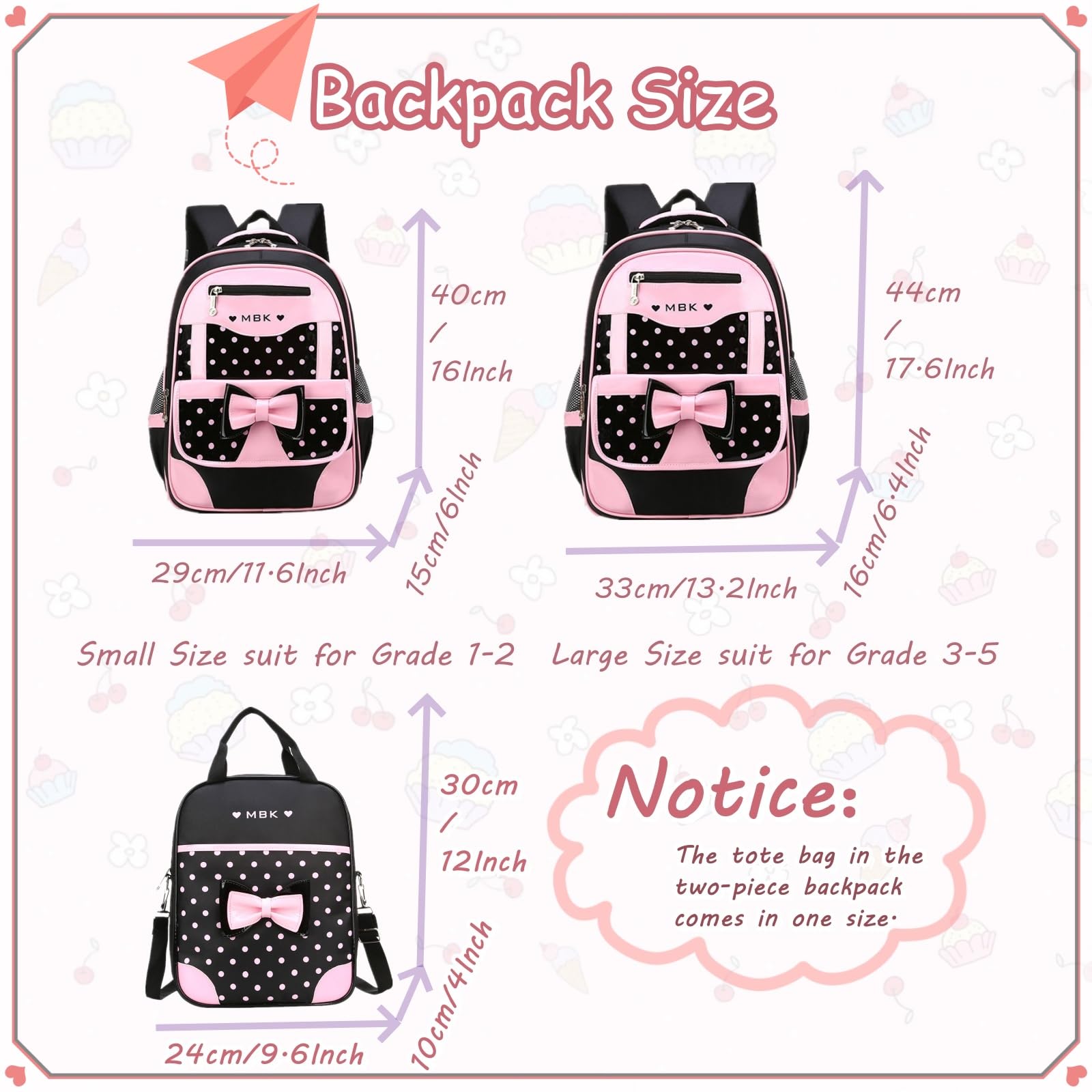 VIDOSCLA School Bags for Girls,2Pcs Bowknot Students Backpack,Elementary Princess Bookbag Sets for School