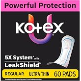 Kotex Ultra Thin Pads, Regular, 60 Count | Period Pad, Breathable Soft Touch Cover, Made Without Fragrance, Clean &amp; Dry Feel, LeakShield Protection, Gravity Core