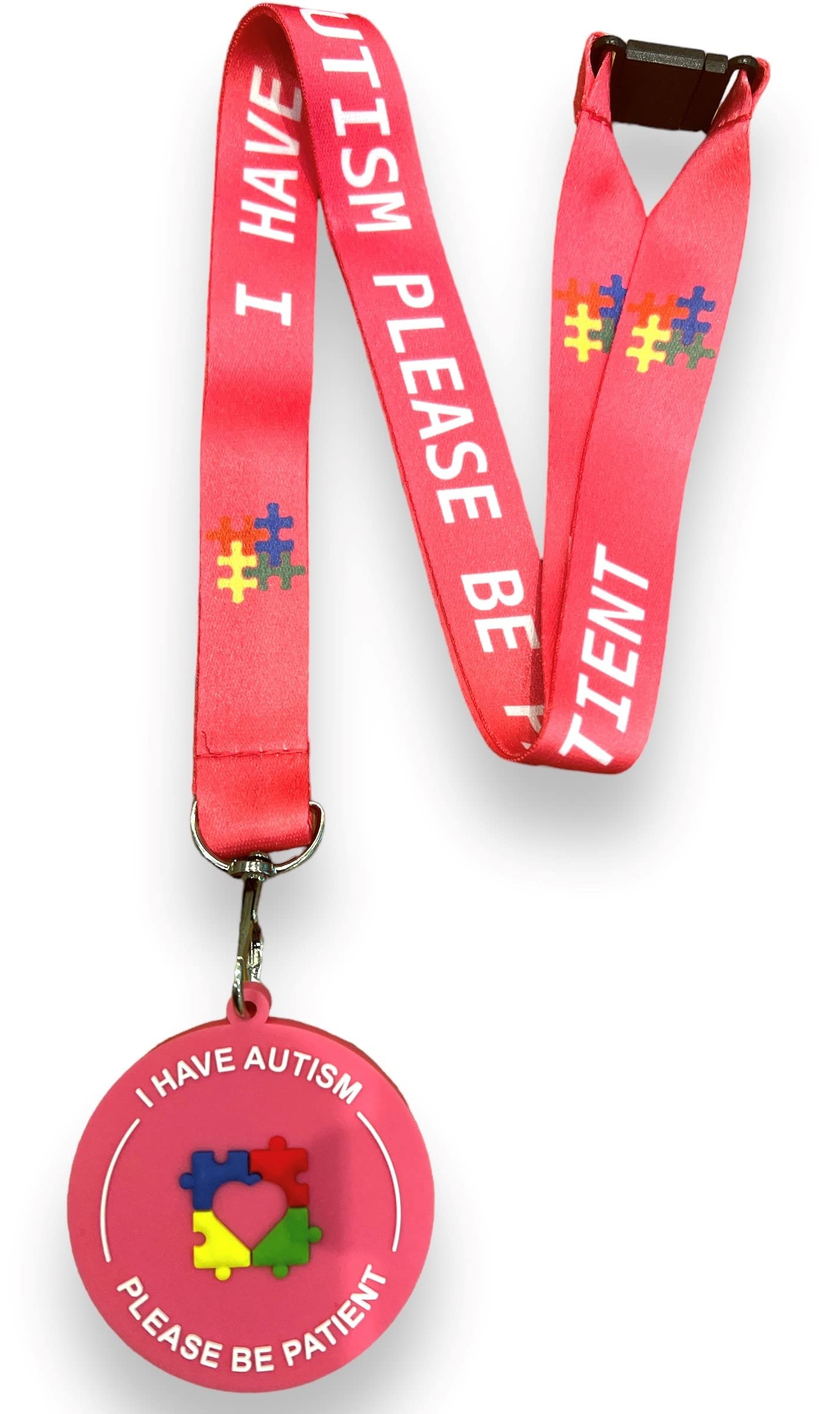 PAC Supplies Global Autism Awareness Lanyard - I have Autism Please Be Patient With Matching PVC 3D Visual Lanyard Disc Tag (Pink)